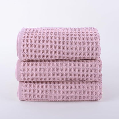 PÜSKÜL Organic Waffle Kitchen Towel 100% Turkish Cotton Set of 3 Pink - Premium Quality, Soft, Quick-Dry, Absorbent, Lint-Free Hand Towels 32X16 Inches (3, Pink Powder)