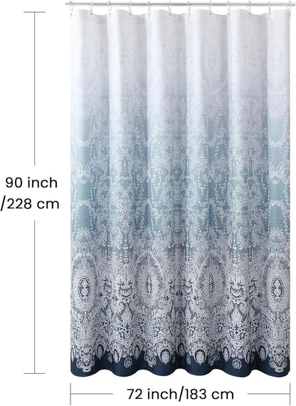 90 Inch Extra Long Shower Curtain - Chantilly Lace Design, Heavyweight Polyester, Storm Blue to White Ombre, 72" W x 90" H