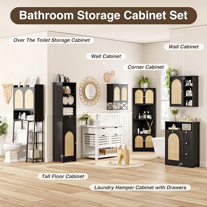 Rattan Over The Toilet Storage Cabinet with Adjustable Shelf, Bathroom Organizers and Storage with Metal Stand and Wood Rack, Tall Freestanding Shelf Space Saver, Black