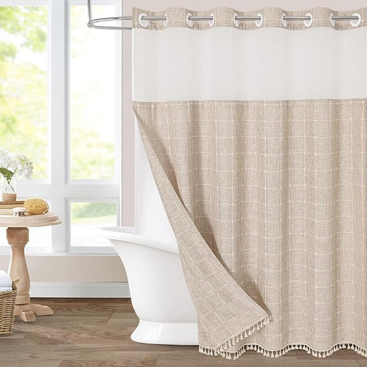 MitoVilla No Hooks Required Farmhouse Shower Curtain with Snap-in Liner - with Window & Magnets, Boho Cotton Linen Fabric Shower Curtains with Tassels for Rustic Bathroom Decor, Tan/Taupe, 72 x 74