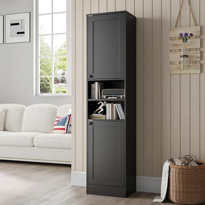 67" Tall Bathroom Cabinet with 2 Doors, Narrow Freestanding Floor Cabinet, Slim Storage Unit with Adjustable Shelves for Bathroom, Living Room, Entryway, Kitchen, Black