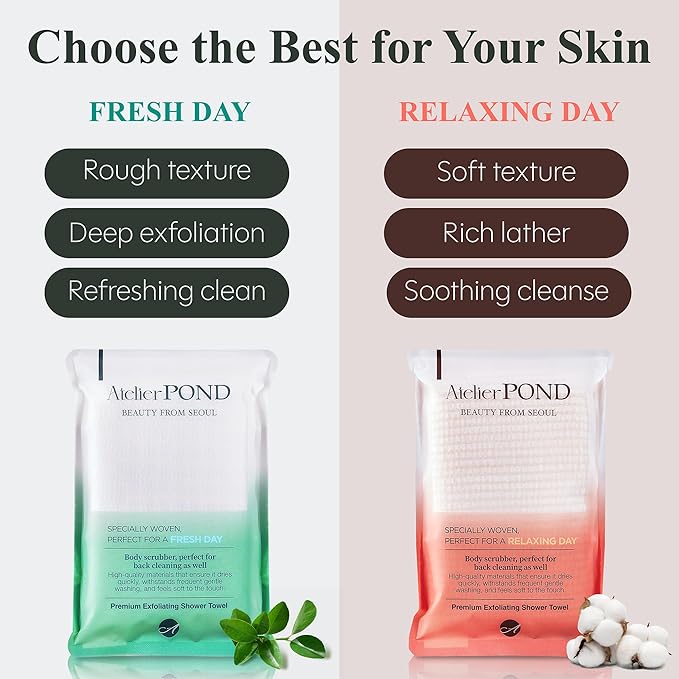 Korean Exfoliating Washcloth 2-Pack – Exfoliating Shower Towel/Body Scrub Cloths for Deep Cleansing & Dead Skin Removal (Fresh Green – Value Set)