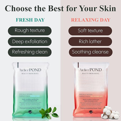 Korean Exfoliating Washcloth 2-Pack – Exfoliating Shower Towel/Body Scrub Cloths for Deep Cleansing & Dead Skin Removal (Fresh Green – Value Set)