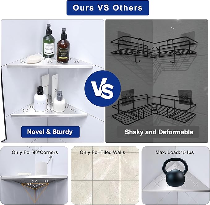 12" Corner Shower Shelf, 1-Pack Shower Shelves SUS304 Stainless Steel Bathroom Shelves for Tile Walls, Recessed Corner Shelf Organizer Rack, No Drilling (Brushed)