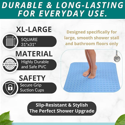 ENKOSI Extra Large Square Non Slip Shower Mat - 31 x 31-inch XL Bathroom Shower Mat - Square Shower Matts for Shower Stall Floors | Secure Suction Cups and Drain Holes (31x31 Aqua Blue)
