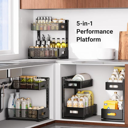 Under Sink Organizer, Metal Under Sink Organizers and Storage, Slide Out Pull Out Cabinet Organizer for Kitchen, Bathroom, Pantry, Laundry, Study, Black