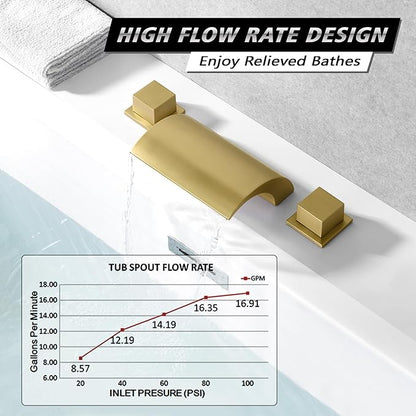 SUMERAIN Bathroom Roman Tub Faucet with Waterfall Spout, 3 Hole Deck Mount Bath Tub Filler Brushed Gold