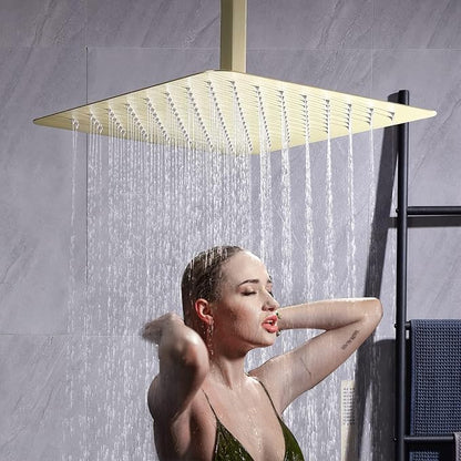 Brushed Gold Shower System with 12 inch Ceiling Mounted Shower Head and Handheld Shower, 4 PCS Body Jet, with Digital Temperature Display Function