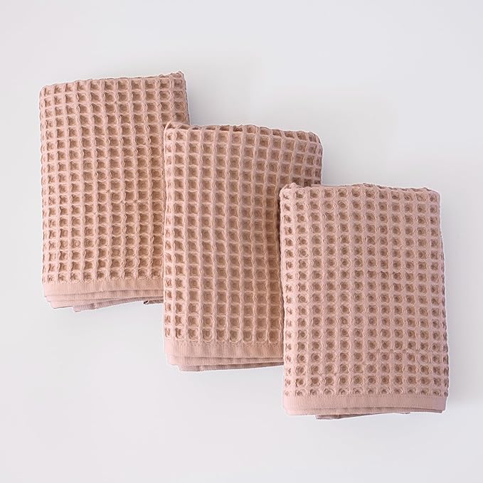 PÜSKÜL Waffle Kitchen & Hand Towel Organic 100% Turkish Cotton Set of 3 Beige - Premium Quality, Soft, Quick-Dry, Absorbent, Lint-Free Waffle Weave Towels 32X16 Inches (3, Beige)