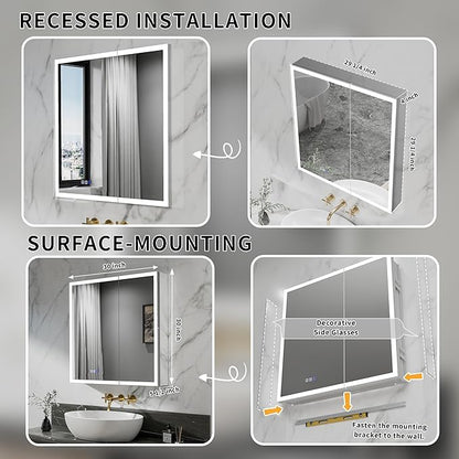 GroGro LED Lighted Bathroom Medicine Cabinet with Mirror,30" W x 30" H Medicine Cabinet with Lights,Surface or Recessed Mounting,Defog,Dimming,3-Color Temperature Adjustment