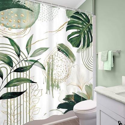 Green Boho Shower Curtain 60Wx72H Sage Green Bohemian Modern Abstract Tropical Palm Leaves Plant Mid Century Bathroom Decor Minimalist Geometric Bath Curtain Fabric Polyester 12 Pack Hooks