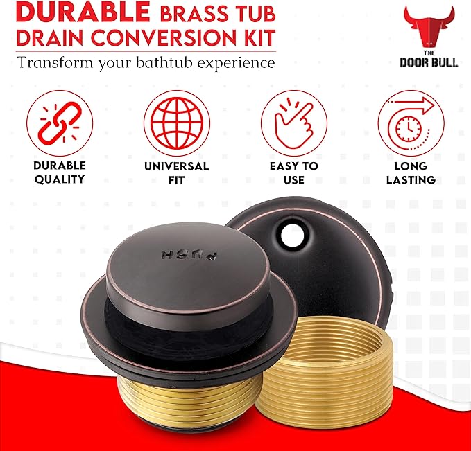 Tip-Toe Bathtub Drain Trim Kit with Two-Hole Overflow Faceplate – All Brass Tub Drain Stopper Replacement – Fits Fine or Coarse Thread Drain Shoe – Universal Tub Drain Assembly