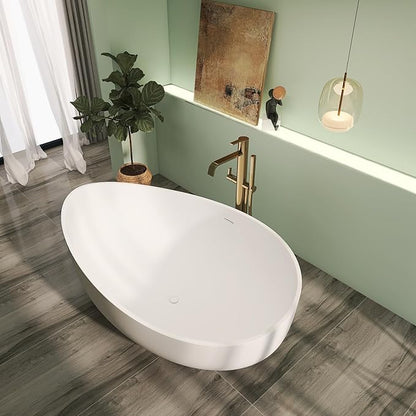 71" Premium Solid Surface Freestanding Bathtub, Unique Oval Stone Resin Tub with Overflow and Pop-up Drain, Matte White