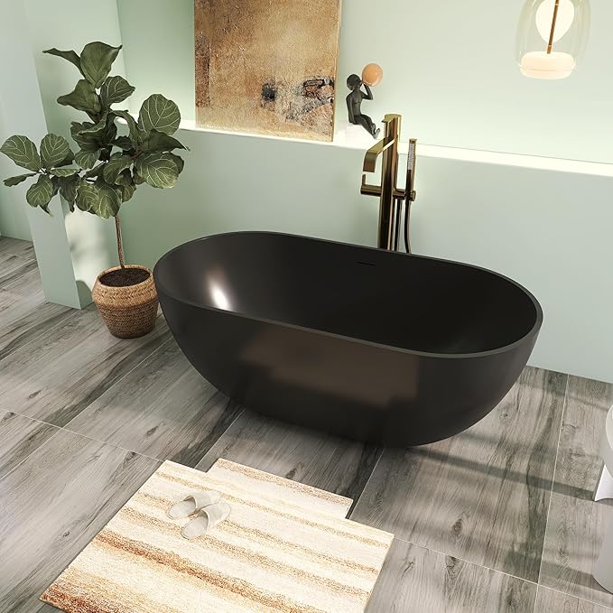 59" Premium Matte Black Solid Surface Freestanding Bathtub, Modern Design Stone Resin Bath Tub with Overflow and Pop-up Drain