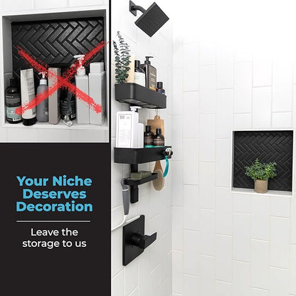 Rust Resistant Hygienic Shower Caddy – Hanging Bathroom Organizer with Adjustable Shelves, Easy Clean Trays & Magnetic Hooks for DIY Remodels & Shower Niches - Black
