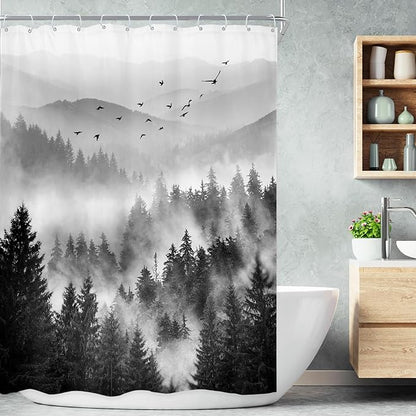 Riyidecor Black and White Shower Curtain 48Wx72H Inch,Stall Narrow Rv Small Nature Woods,Landscape Scenery Pine Tree Woodland Rustic Cool Mens Bathroom Decor Fabric Polyester Waterproof 12 Pack Hooks