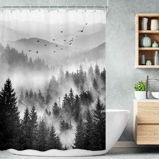 Riyidecor Black and White Shower Curtain 48Wx72H Inch,Stall Narrow Rv Small Nature Woods,Landscape Scenery Pine Tree Woodland Rustic Cool Mens Bathroom Decor Fabric Polyester Waterproof 12 Pack Hooks