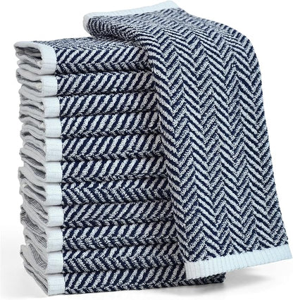 Cleanbear Wash Cloths for Showering with Striped Herringbone Patterns, 12 Cotton Washcloths for Bathroom, Large 13 X 13 Inches, Navy-Blue