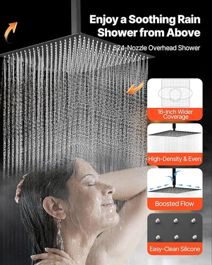 VEVOR Shower Faucet Set, 16 Inch Thermostatic Ceiling Mount Rainfall Shower System with 6 Body Jets and Handheld Spray, Rotatable 3-Function Rain Head Complete Brass Valve and Trim Kit, Matte Black