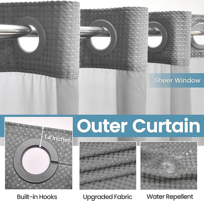 Long No Hook Shower Curtain with Snap in Liner,230GSM Waffle Weave Shower Curtains for Bathroom,71W x 77H(75"),Grey