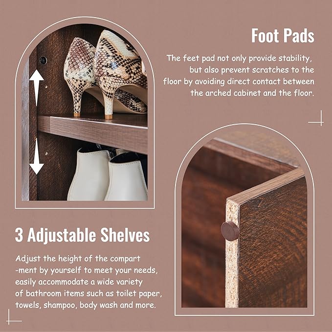 67" Tall Arched Bathroom Storage Cabinet, 8-Tier Modern Farmhouse Storage Cabinet with Adjustable Shelves, Wood Freestanding Cabinet for Bathroom, Living Room, Entryway, Hallway (Brown)