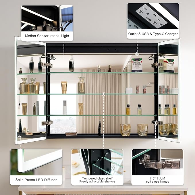 WELLFOR 36" X 30" LED Mirrored Medicine Cabinet, Medicine Cabinets with Lights for Bathroom, Defogging Function Mirror Cabinet, Bathroom Medicine Cabinet with USB Port & Outlet, Double Doors