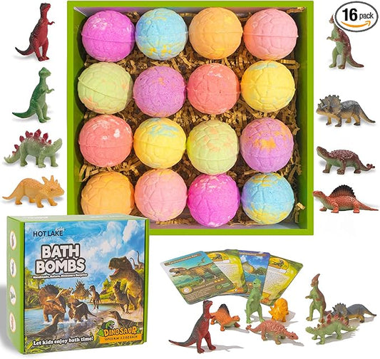 Dinosaur Bath Bombs Gift Set,16 Pack Organic Bath Bomb for Kids with Toys Surprise Inside. Natural Dino Egg Bathbombs Kit for Christmas or Birthday Gift for Girls and Boys