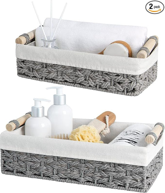StorageWorks Storage Basket for Organizing, Small Wicker Baskets with Natural Fiber Liner, Toilet Paper Storage Basket for Countertop, Toilet Tank Top, Grey, Set of 2