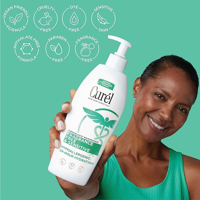 Curel Fragrance Free Lotion for Sensitive and Dry skin, Non-Greasy Hand and Body Lotion that Hydrates and Relieves Irritated Itchy Skin, Ceramide Moisturizer, Body Care, Bulk, 13 Oz (Pack of 3)