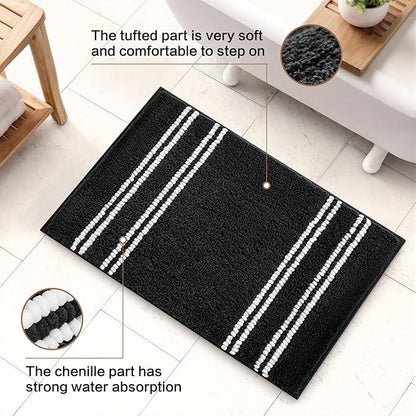 Kmson Bathroom Rugs Mat, 17"x24" Ultra Soft Washable Shaggy Chenille Bath Rugs, Non-Slip Fluffy Thick Water Absorbent Microfiber Mat for Bathtub, Sink and Shower, Black