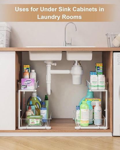 UMDONX Under Sink Organizer 2-Pack Adjustable Bathroom Under Sink Pull-Out Organizer with 5 Adjustable Heights for Kitchen, Bathroom & Laundry Storage