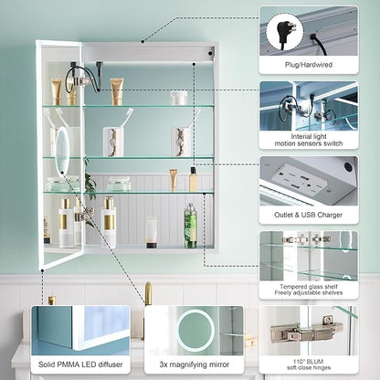 WELLFOR 20" X 30" Medicine Cabinet with Lights, 3X Magnification, Anti-Fog Mirrored Cabinet, Bathroom Vanity Medicine Cabinet with Outlets & USB Ports, Left Opening Door