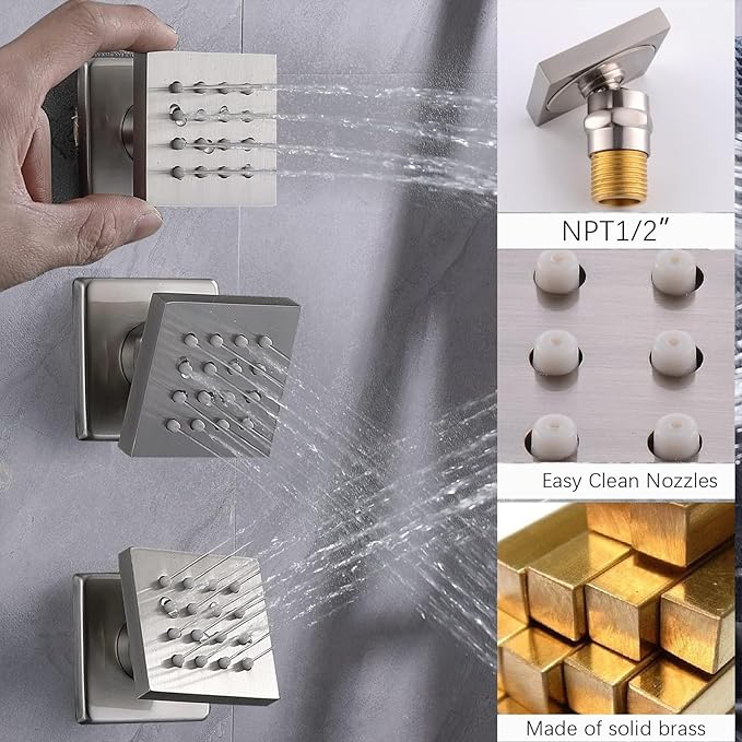 Brushed Nickel Shower Faucet Set Thermostatic Shower System, 4 Way Shower Faucet with 12 inch Ceiling Mount Shower Head, 6 PCS Body and Tub Spout, Handheld Spray