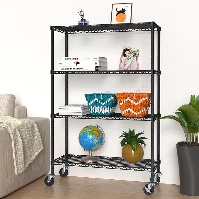Storage Wire Shelving with Wheels 4-Tier Heavy Duty Garage Shelves Unit Metal Rolling Adjustable Organizer Rack Steel Wire Industrial Shelving for Kitchen Garage Pantry Office Bathroom