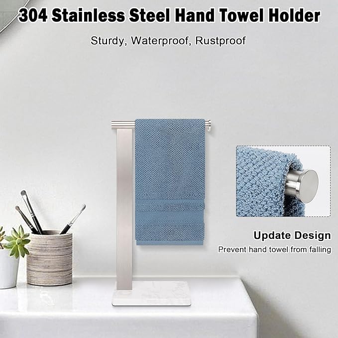 Stainless Steel L-Shaped Hand Towel Holder, SUS304 Bathroom Towel Rack with Thickened Base for Countertop Vanity (Brush Nickel, Square Base)
