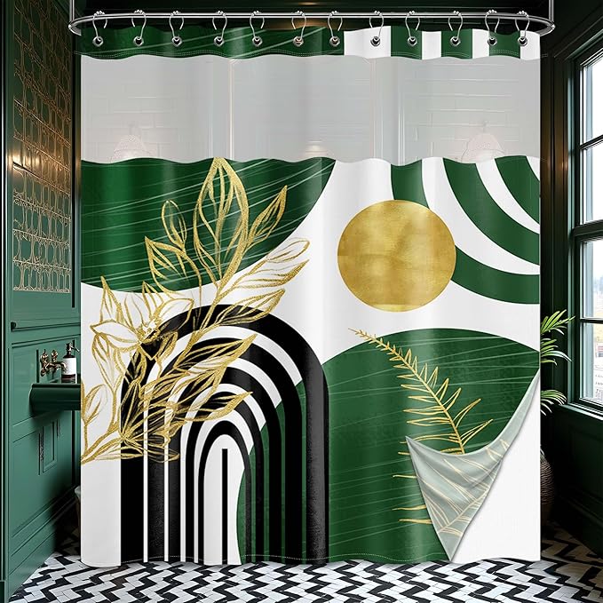 Olive Green Bohemian See Through Mesh Top Shower Curtain with Window, Emerald Green Mid Century Modern Double Layer Shower Curtains with Snap in Liner, Waterproof Fabric with Hooks, 71x 72 in