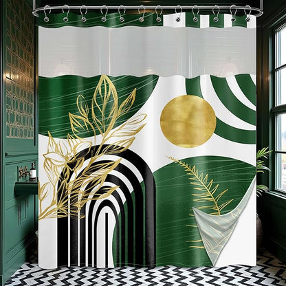 Olive Green Bohemian See Through Mesh Top Shower Curtain with Window, Emerald Green Mid Century Modern Double Layer Shower Curtains with Snap in Liner, Waterproof Fabric with Hooks, 71x 72 in
