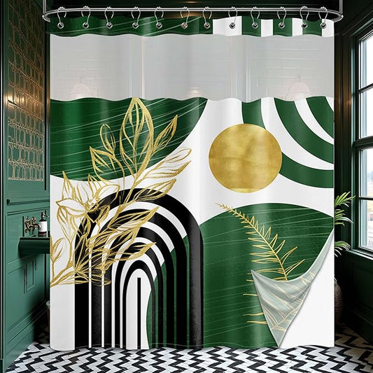 Olive Green Bohemian See Through Mesh Top Shower Curtain with Window, Emerald Green Mid Century Modern Double Layer Shower Curtains with Snap in Liner, Waterproof Fabric with Hooks, 71x 72 in
