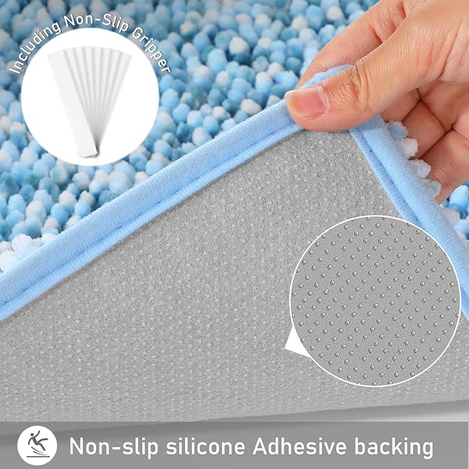 Yimobra Luxury Chenille U-Shaped Toilet Rug, Super Soft Shaggy Contour Bath Mat for Bathroom Floor, Fluffy, Water Absorbent, Non Slip, Machine Washable, Dry Quickly, 24''x 20'', Blue & Light Blue