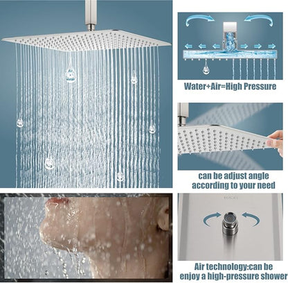 Aolemi Ceiling Mount Shower System Rain Shower Head with Handheld Spray High Pressure Shower Faucet Set Rough-in Valve Shower Trim Kit Included Bathroom Brushed Nickel 16 Inch Ceiling Shower Head