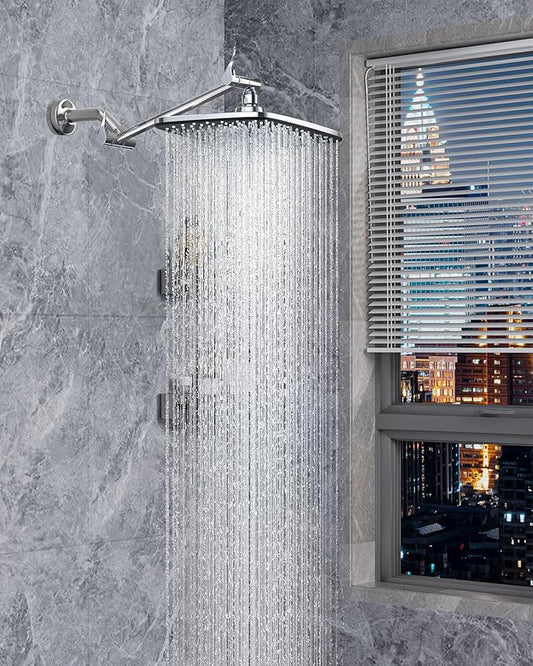 Veken 11.8" Rain Shower Head, Rectangular Rainfall Showerhead with 11" Stainless Steel Exension Arm, Height & Angle Decor Adjustable, High Pressure Shower Heads, Bathroom Accessories, Chrome
