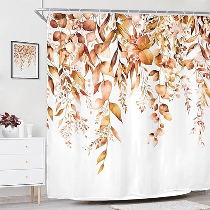 Riyidecor Burnt Orange Fall Autumn Shower Curtain for Bathroom Decor 72Wx72H Eucalyptus Botanical Leaf Plants Watercolor Floral Nature Art Printed Fabric Polyester Waterproof