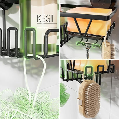 KEGII Shower Caddy Suction Cup with Soap Holder and Hooks, Removable Suction Bathroom Organizer Shelf, No Drilling Shower Organizer, Stainless Steel Shampoo Holder for Bathroom Storage, Black