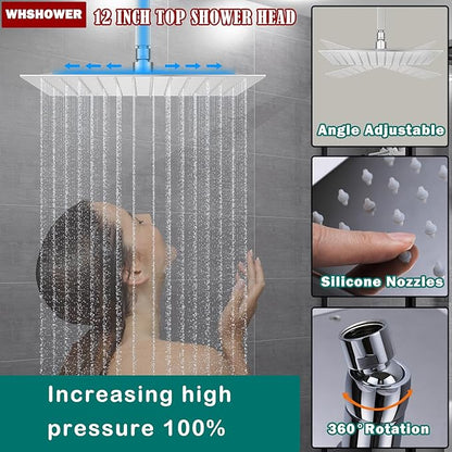 Triple Shower Head Shower System Chrome Full Body Shower System with Digital Display Shower Valve, 12"+8"+8" Three Top Shower Heads,Handheld Shower and Body Jets
