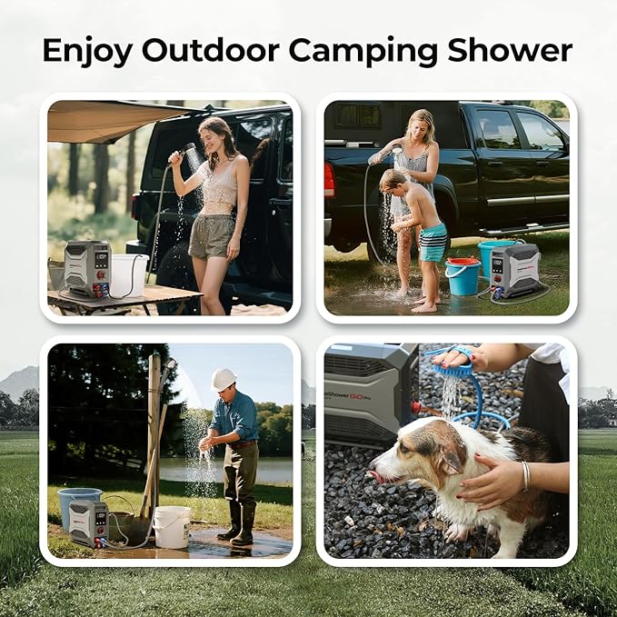 FOGATTI InstaShower GO Pro, Portable Propane Tankless Water Heater 22,000 BTU, with 5000mAh Rechargeable Built-in Battery, DC 12V, Outdoor Camping Shower