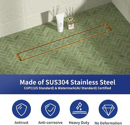 Linear Shower Drain 24", Brushed Gold Floor Drain with Tiled Insert Grate & Hair Strainer, 304 Stainless Steel Bathroom 2-in-1 Tiled in Drain, CUPC Certified (Brushed Gold, 24'')