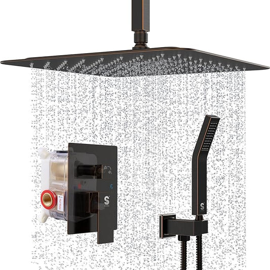 SR SUN RISE 16 Inches Oil Rubbed Bronze Shower Faucets Sets Complete Bathroom Rain Mixer Shower System Ceiling Mounted Rainfall Shower Head System (Contain Shower Faucet Rough-In Valve Body and Trim)
