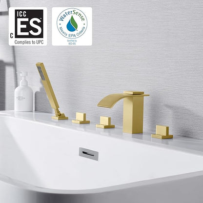 SUMERAIN Roman Tub Faucet Set 5 Holes Deck Mount Waterfall Bathtub Faucet with Handheld Shower Brushed Gold