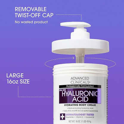 Advanced Clinicals Hyaluronic Acid Moisturizer Body Cream W/Vitamin E | Hydrating Cream & Body Lotion For Women & Men To Help Improve Look of Wrinkles, Dry Skin, Crepey Looking Skin, 16 Ounce
