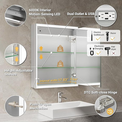 20x26 Lighted Medicine Cabinet with Beveled Mirror & Clock, Surface or Recessed Mirrored Medicine Cabinet with Dimmable Light Anti-fog, Built-in Sensing Light & Outlet, Soft-Close Right Hinge